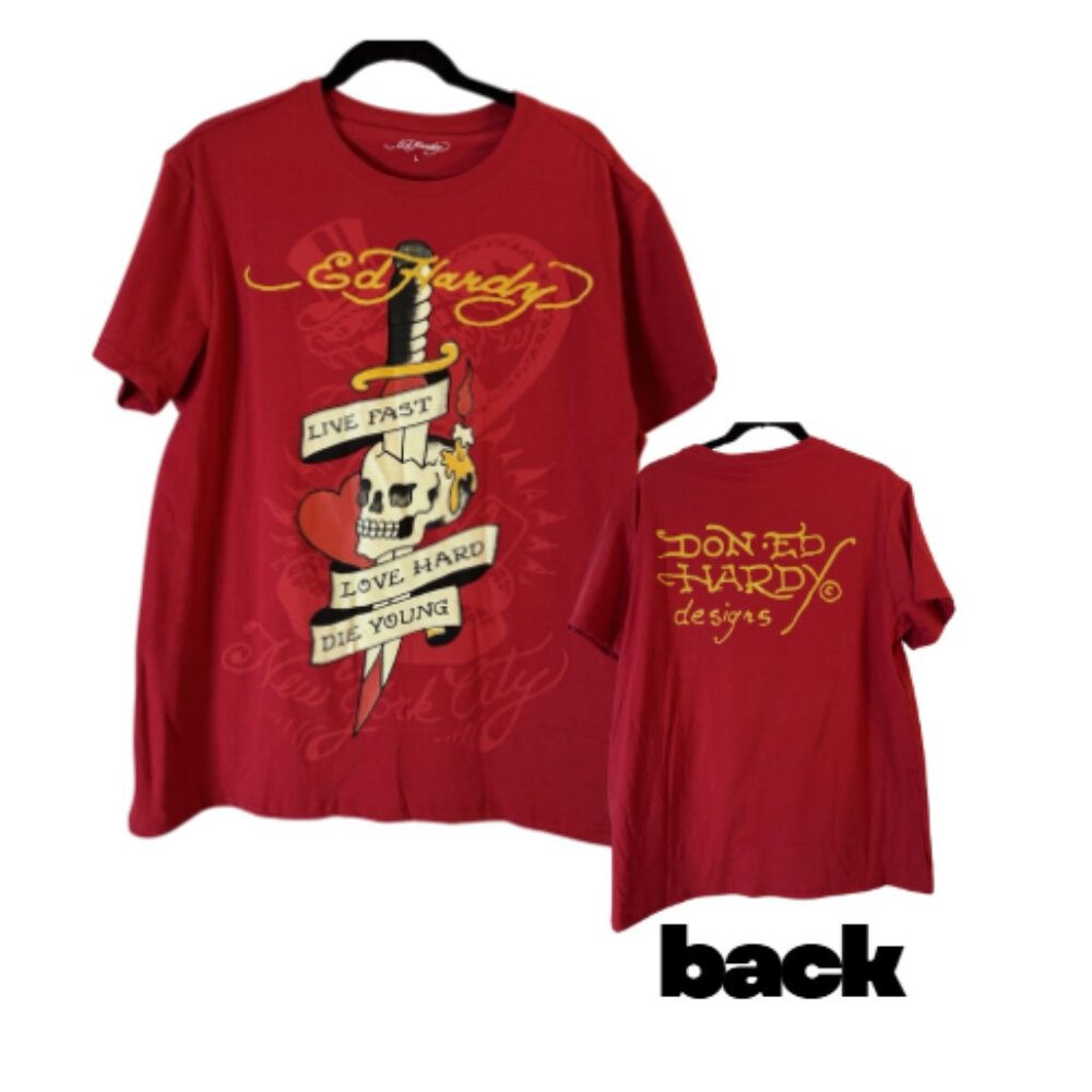 Ed Hardy Y2K Live Fast Love Hard Skull Red T-Shirt‎ L NEW SHIPS FAST